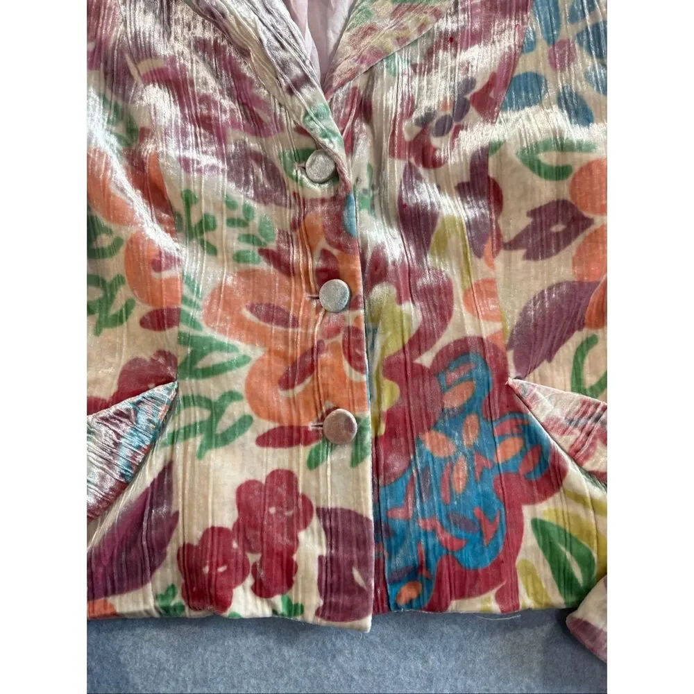 Vintage Alberto Makali Crushed Velvet Floral Blazer Jacket Boho Art To Wear 14